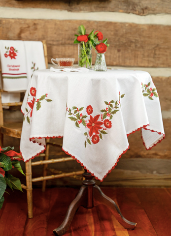 April Cornell Cafe Cloth, Embroidered Poinsettia